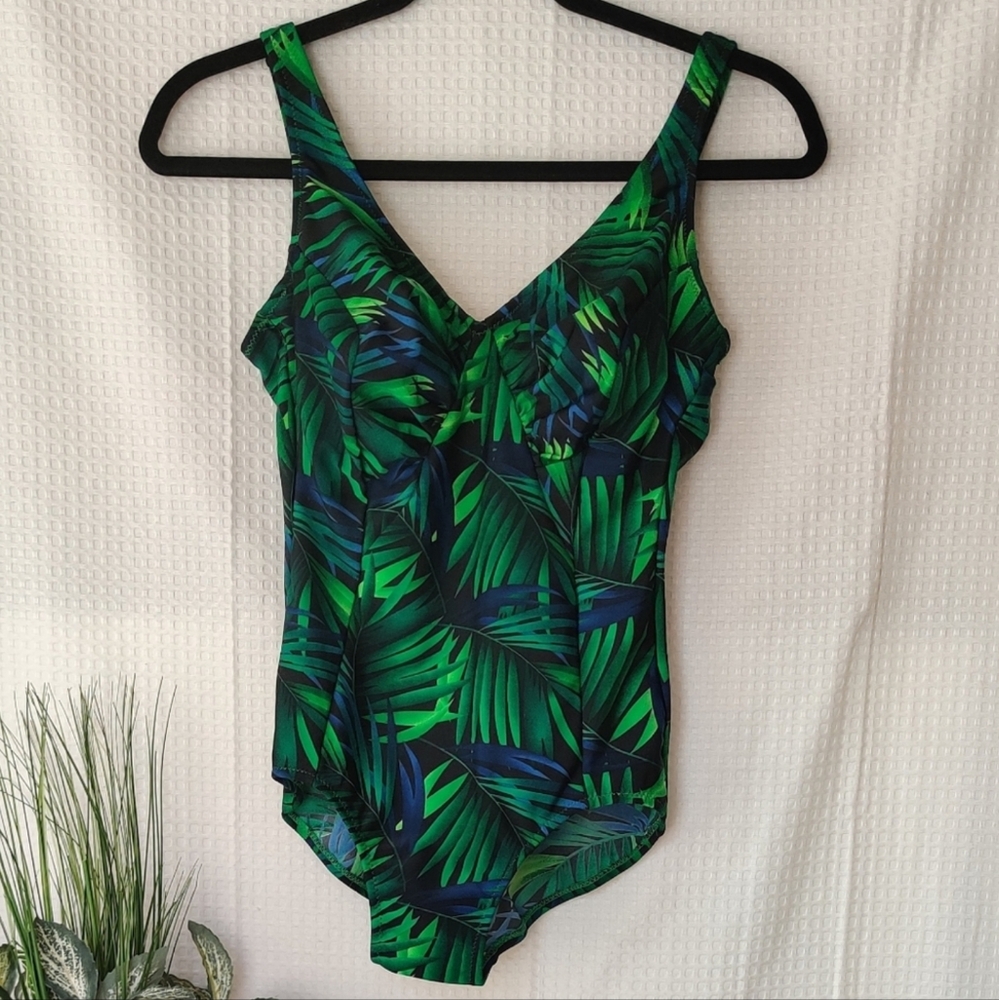 Nicole K Palm Leaf Tropical Print One Piece Green Swimsuit Size Small